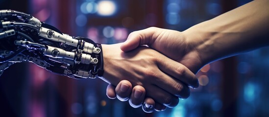 businessman's human hand shaking hands with robot's hand. partner and digital transformation concept - obrazy, fototapety, plakaty