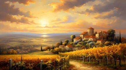Panoramic view of Tuscany with vineyard at sunset