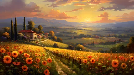 Fotobehang Sunflower field in Tuscany, Italy. Digital painting. © Iman