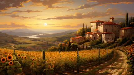 Panoramic view of Tuscany with sunflowers at sunset