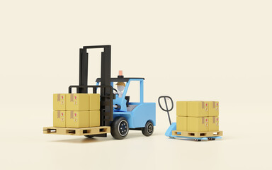 3d forklift with blue hand pallet truck goods cardboard box isolated. 3d illustration render