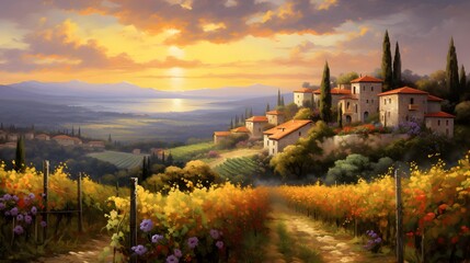 panoramic view of Tuscany with vineyards at sunset