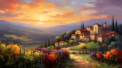 Panoramic view of Tuscany countryside at sunset, Italy