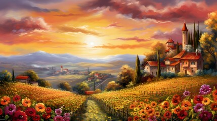 Landscape of Tuscany with sunflowers and church at sunset
