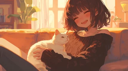 Poster 愛猫を愛でる少女、リビング13 © 孝広 河野