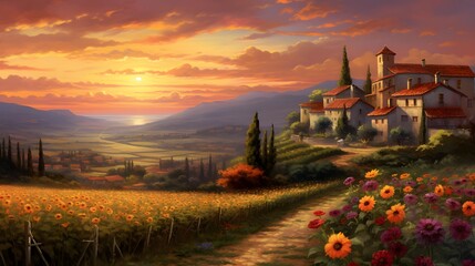Sunset in Tuscany, Italy. Panoramic view of the countryside - obrazy, fototapety, plakaty