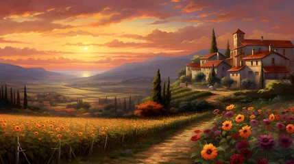 Fototapeten Sunset in Tuscany, Italy. Panoramic view of the countryside © Iman