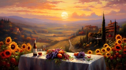 Beautiful sunset in Tuscany with sunflowers and wine
