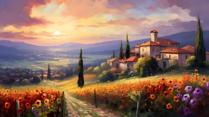 Crédence de cuisine en verre imprimé Toscane Panoramic view of Tuscany with sunflowers at sunset