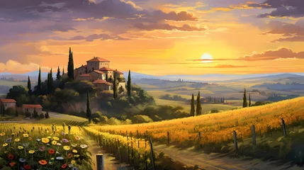Fototapete Tuscany landscape panoramic view at sunset, Italy. © Iman