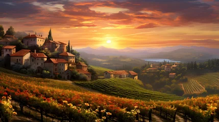 Fototapeten Panoramic view of Tuscany with vineyards at sunset © Iman