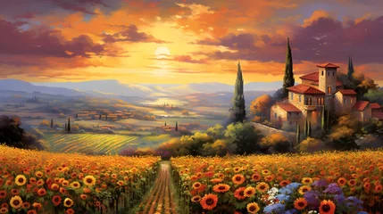 Foto auf Glas Panoramic view of Tuscany with sunflowers at sunset © Iman