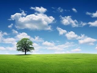 tree on a field and cloudy blue sky