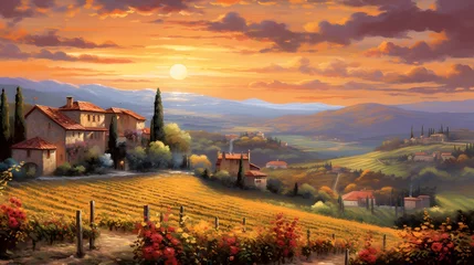 Fototapeten panoramic view of Tuscany with vineyards at sunset © Iman