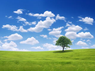 tree on a field and cloudy blue sky