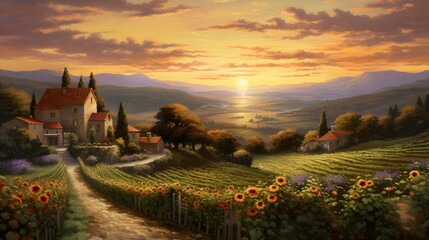 Sunflower field in Tuscany, Italy - panoramic view - obrazy, fototapety, plakaty