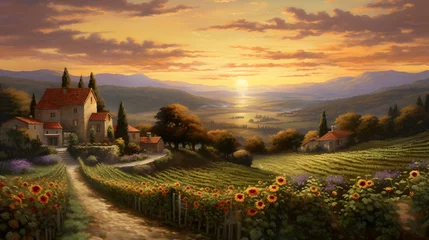 Schilderijen op glas Sunflower field in Tuscany, Italy - panoramic view © Iman