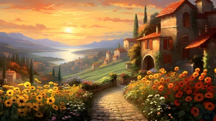 Schilderijen op glas Panoramic view of Tuscany with sunflowers at sunrise © Iman