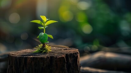 mini plant sprouting from and old dried tree stump, hope for life concept, abstract background