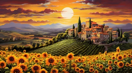 Schilderijen op glas Sunflower field in Tuscany, Italy. Digital painting. © Iman