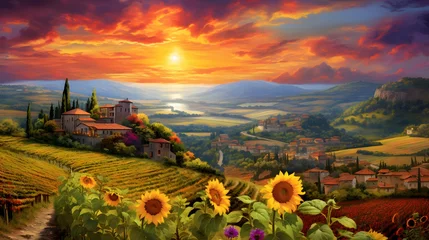 Cercles muraux Toscane Panoramic view of Tuscany with sunflowers at sunset