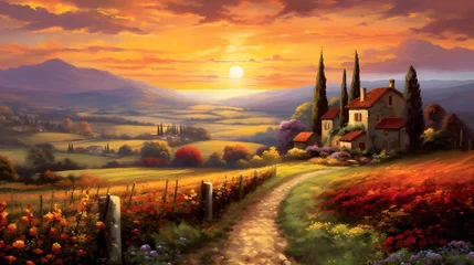 Foto auf Glas Sunset in the Tuscany, Italy. Digital painting. © Iman