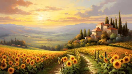 Fototapeten Sunflower field in Tuscany, Italy. Panoramic image © Iman