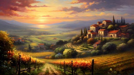 Panoramic view of Tuscany landscape at sunset, Italy