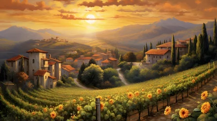 Foto auf Glas Sunflower field in Tuscany, Italy. Digital painting. © Iman