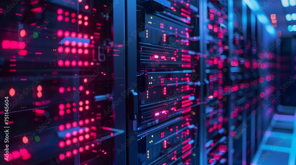 Poster data center with rack servers and server equipment in stylish lighting, to convey a modern and advan