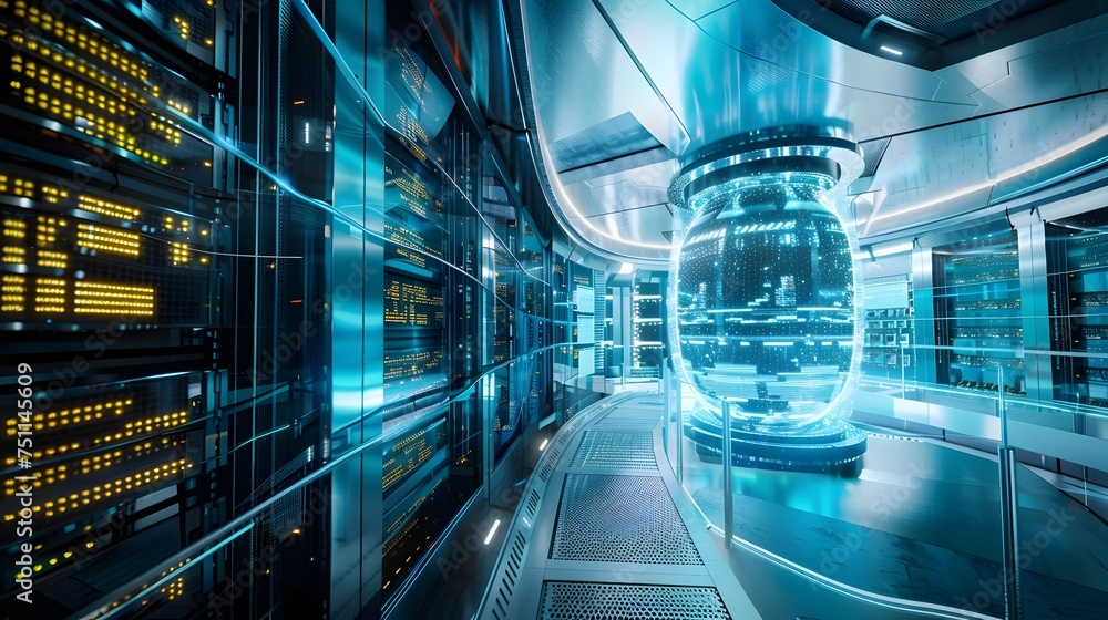 Poster futuristic server in high-tech data center, to convey the concept of modern and advanced technology 