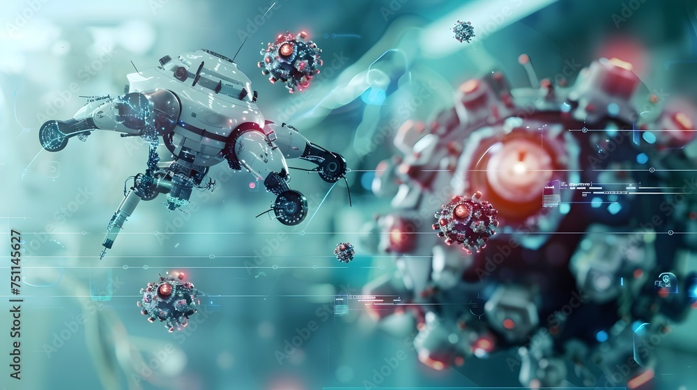 Aufkleber futuristic robots and spacecraft combating viruses, highlighting the advanced technology and innovat