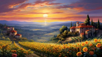 Poster Panoramic view of Tuscany at sunset with sunflowers © Iman