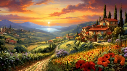 Tuscany landscape panorama with sunflowers and village at sunset