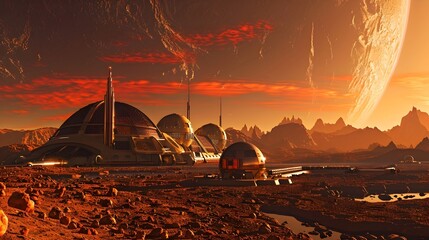 Red and Bronze Alien Habitat on Mars, To provide a striking and imaginative visual for conceptual, advertising, or commercial use, showcasing a