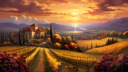 Fototapete Tuscany landscape panorama with vineyard at sunset, Italy © Iman