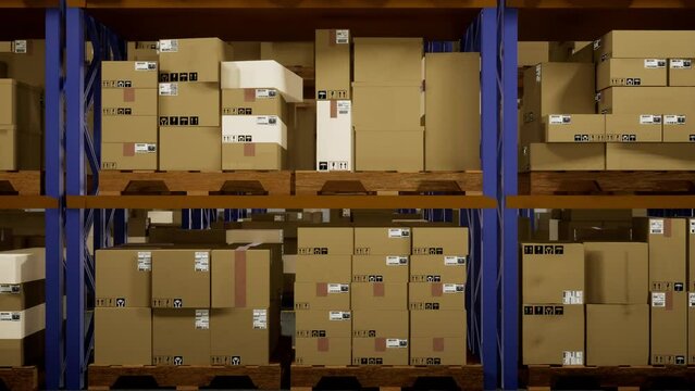 Distribution center packed with cargo parcels and merchandise ready for shipment, production and logistics sector. Warehouse space housing goods with air waybill order stamps. 3d render animation.