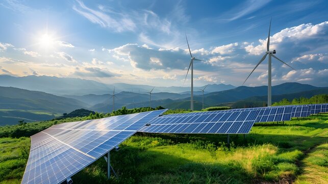 Solar Panels and Wind Turbines in Mountainous Landscapes, To showcase the integration of sustainable energy sources into natural environments,