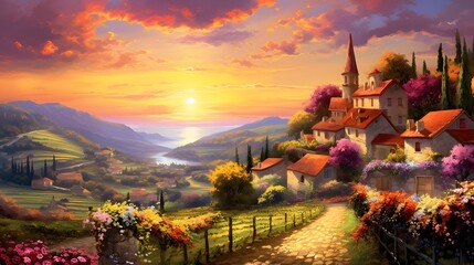 Sunset over Tuscany, Italy. Panoramic view
