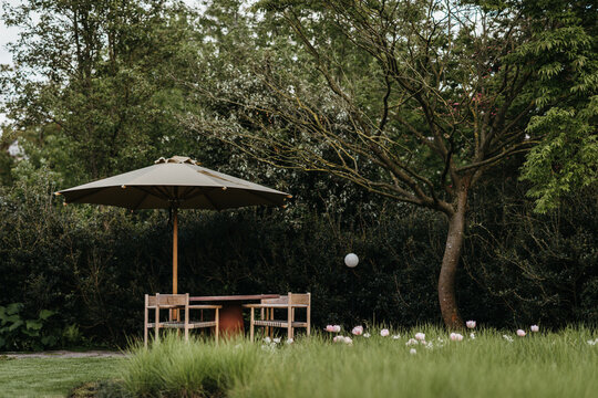 Outdoor dining area in modern garden