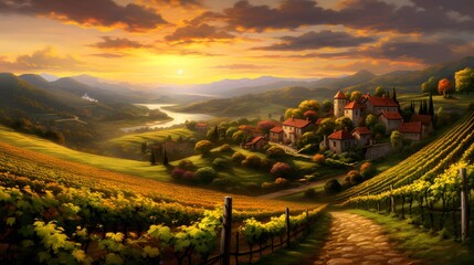 Panoramic view of Tuscany vineyards at sunset, Italy