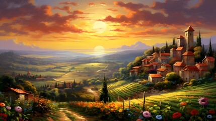 Tuscany panoramic landscape at sunset. Panoramic view of Tuscany in Italy