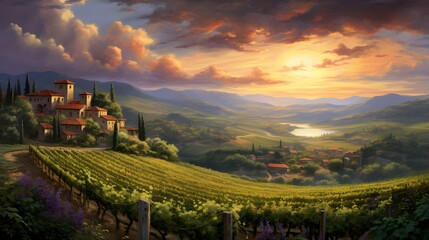 panoramic landscape of Tuscany with vineyards at sunset