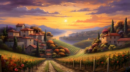 Panoramic view of the Tuscany hills at sunset, Italy