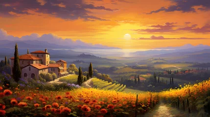 Fototapeten Panoramic view of Tuscany at sunset, Italy. © Iman
