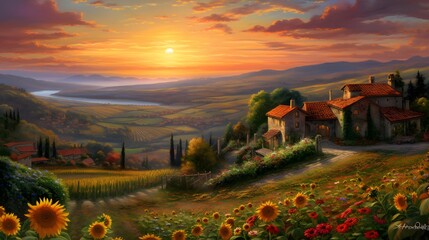 Panoramic view of Tuscany with sunflowers at sunset.