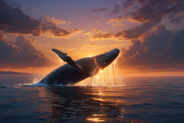 A humpback whale jumping the surface of water at sunset