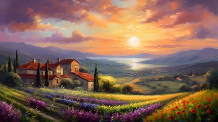 Tuscany landscape panorama at sunset with colorful flowers. Italy