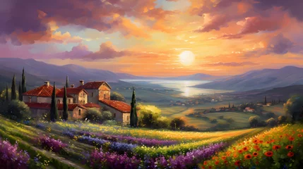Crédence de cuisine en verre imprimé Toscane Tuscany landscape panorama at sunset with colorful flowers. Italy