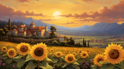 Fototapeten Sunflower field at sunset in Tuscany, Italy. Panorama © Iman